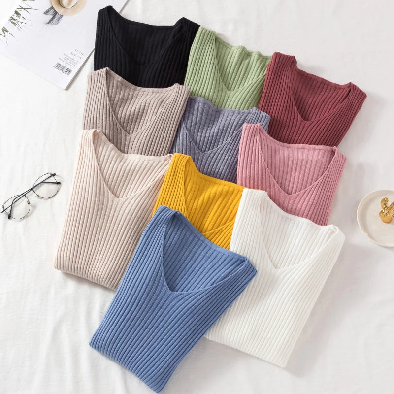 Pull Femme Col V Tricoté Manches Longues Casual Uni Basique – Sweater Chaud Confortable Automne Hiver | Mode Intemporelle