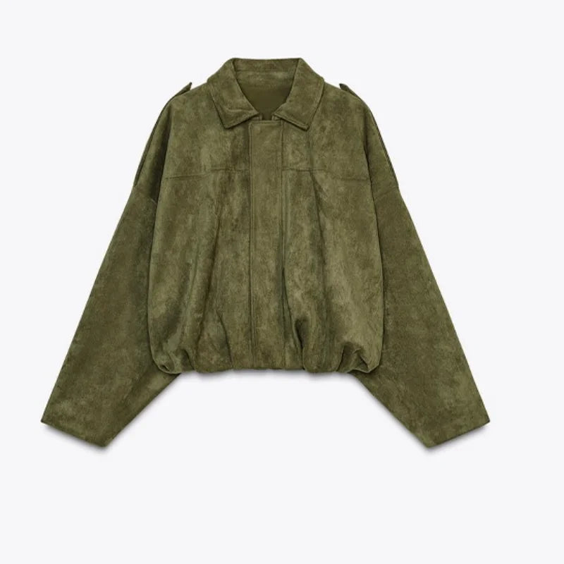 Veste Femme Suède Vert Élégante Manches Bouffantes Revers Fermeture Éclair Ample Plissée – Blouson Court Streetwear Printemps Automne | Mode 2025