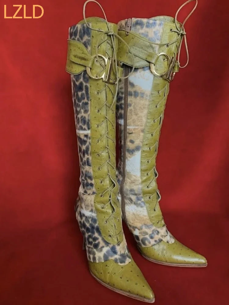 Bottes Léopard Vert Luxe Stiletto Zip 2026 – Cross Strap Boucle Catwalk Fête Fashion