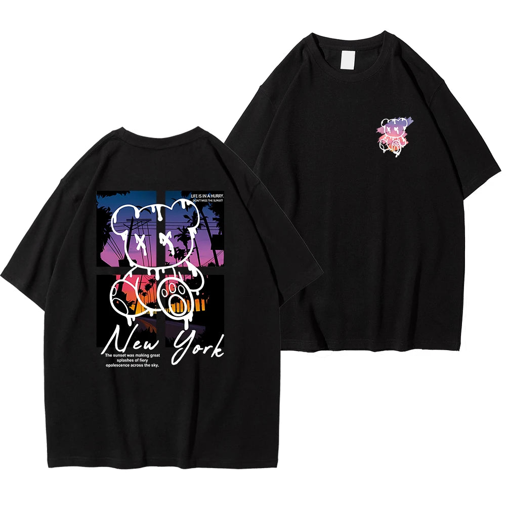 T-Shirt Homme New York Art Cartoon Bear Coucher de Soleil Coton Loose Oversize Été Streetwear Graphic Fashion Tendance Confortable – T-Shirt Graphic Art Premium Oversize New York | Mode Homme Streetwear Graphic Art Premium