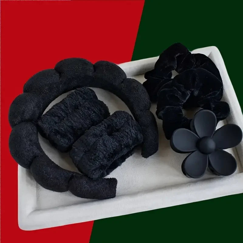 Set Spa 6 Pièces Velours - Bandeau, Pince & Bracelets Soin Visage & Maquillage