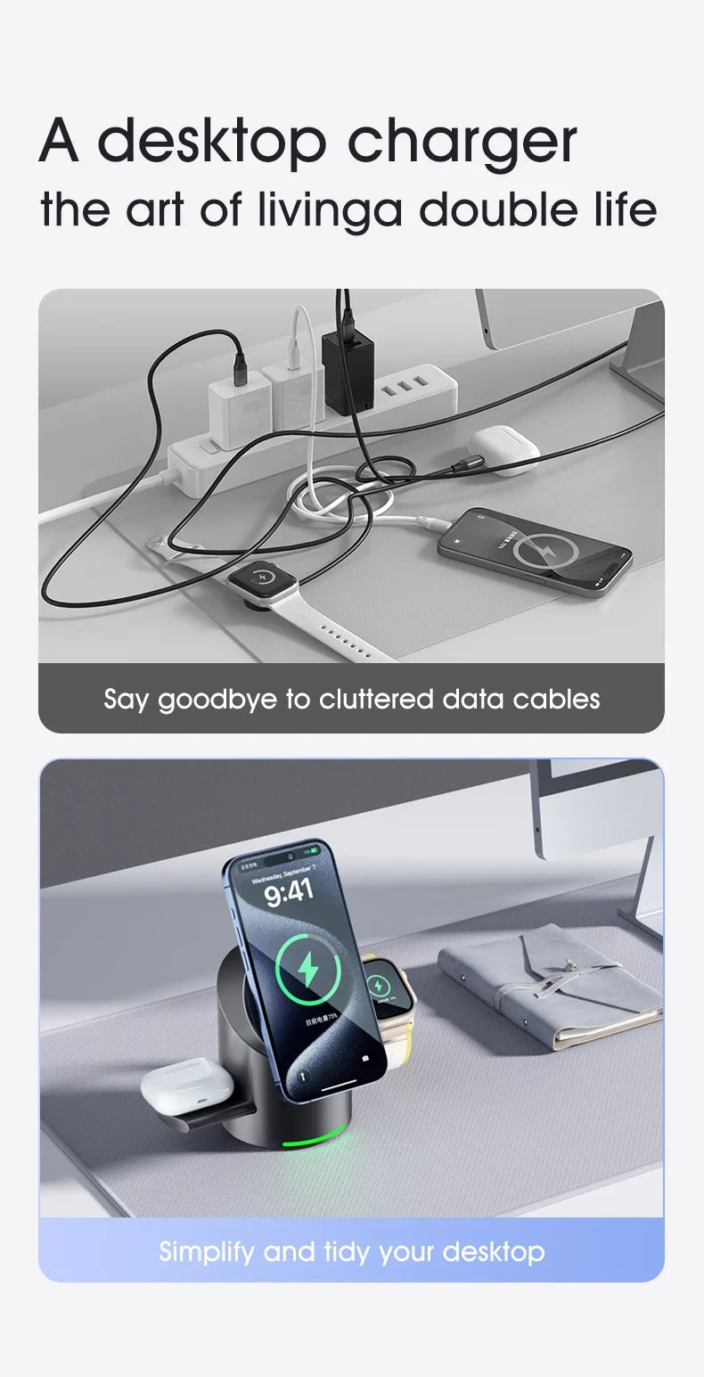 Chargeur Qi2 3-en-1 Multifonction Tactile Rotatif – iPhone 16 15 14 Pro Max iWatch Écouteurs