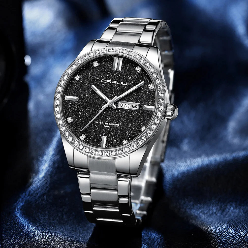 Montre Homme CRRJU Moissanite Diamant Luxe Cadran Doré Acier Inoxydable Lumineux Élégante Premium | Montre CRRJU Moissanite Diamant Luxe Premium