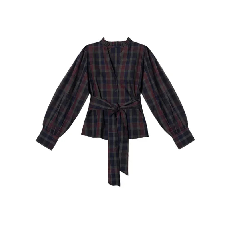 Ensemble 2 Pièces Femme Veste À Carreaux Manches Lanterne Lacets Plissée & Jupe Longue – Tenue Bureau Casual Chic Élégante | Mode