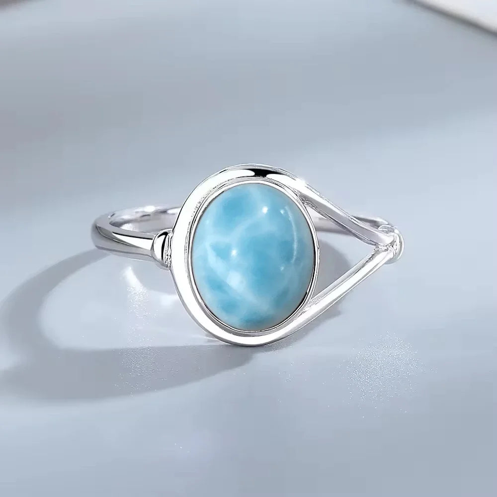 Bague Argent 925 Pierre Larimar Naturelle Vintage – Forme Fleur Ronde Bleu Ciel & Eau de Mer | Bijou Fin Unisexe Pierre Rare des Caraïbes & Cadeau Premium