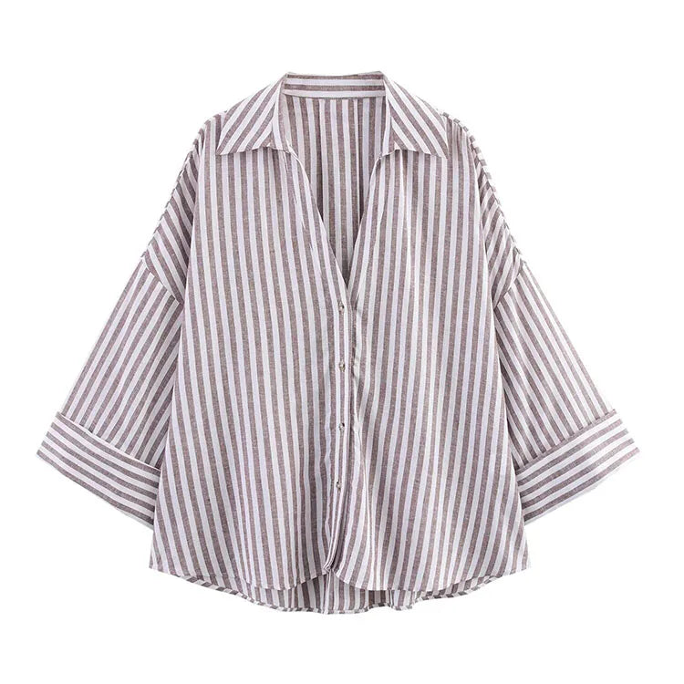 Chemise Femme Manches Larges Col Johnny – Ourlet Asymétrique & Boutons | Style Casual Chic Printemps