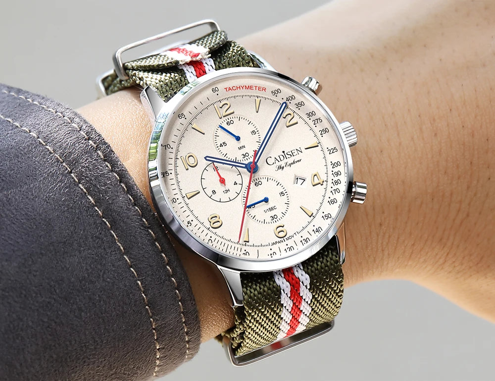 Montre Homme Luxe CADISEN Chronographe Quartz Japonais MIYOTA Bracelet Toile – Étanche Fashion