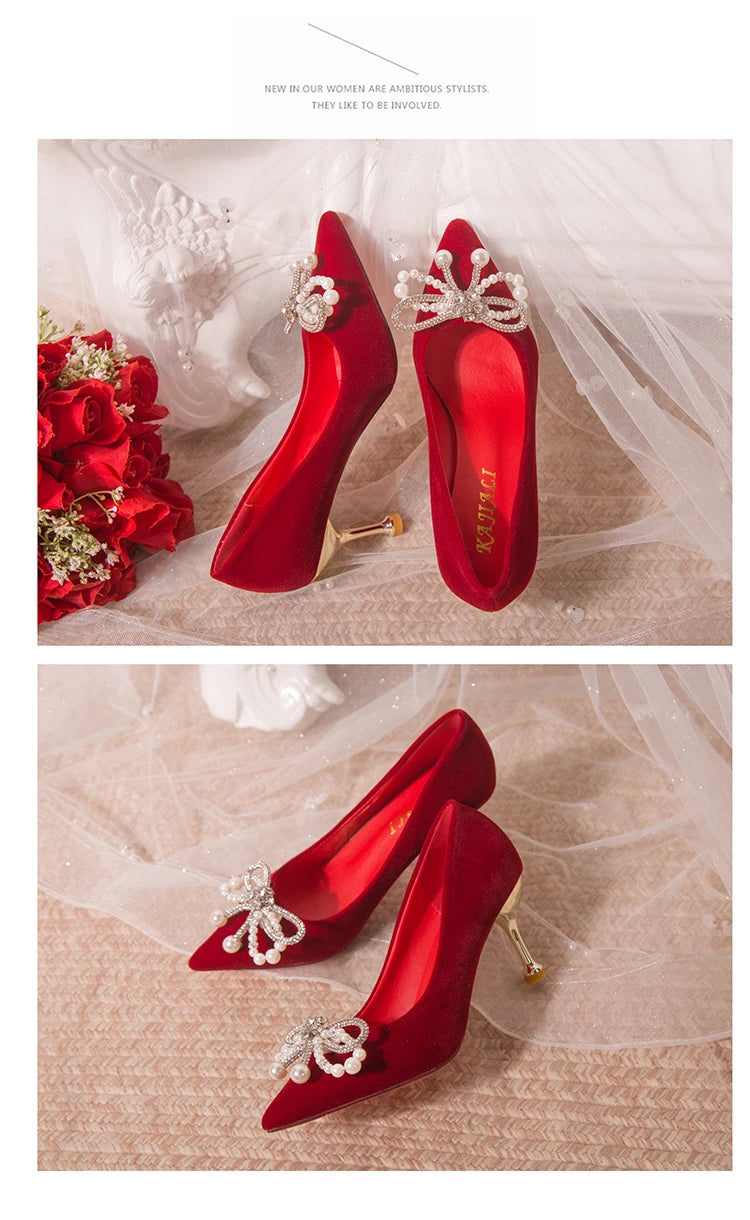 Chaussures Mariée Perle Talon Épais Bout Pointu – Xiuhe Robe Mariage Confortables