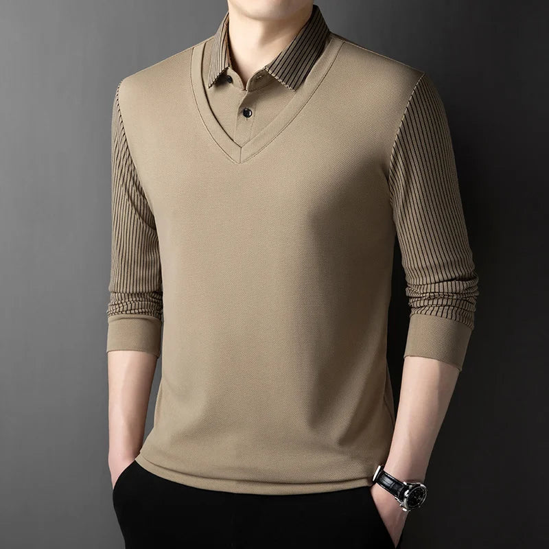 Polo Homme Manches Longues Faux Deux Pièces Couleur Unie – Business Casual Élégant Toutes Saisons Polyvalent | Mode Homme Premium