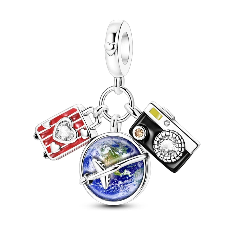 Charm Perle Argent 925 DIY — Avion Tour Appareil Photo Bracelet Collier Femme