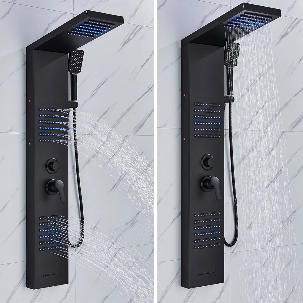 Rozin Colonne Douche Noire LED – 5 Modes dont Jets Massage & Cascade, Pluie, Affichage Digital | Panneau SPA Salle de Bain
