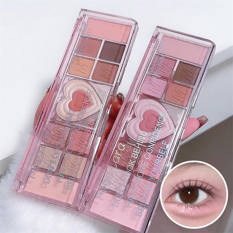 Palette Fards À Paupières 12 Couleurs Coeur Rose – Tons Froids Mat & Brun | Maquillage Coréen Naturel