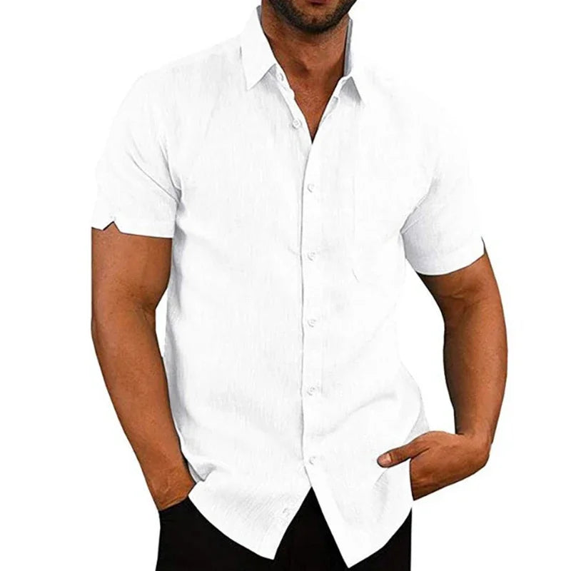 Herrenhemd Leinen Baumwolle Sommer Kurzarm Casual Unifarben Umlegekragen Formell Strand Leicht Atmungsaktiv – Lässiges Schickes Trendhemd | Premium Herrenmode