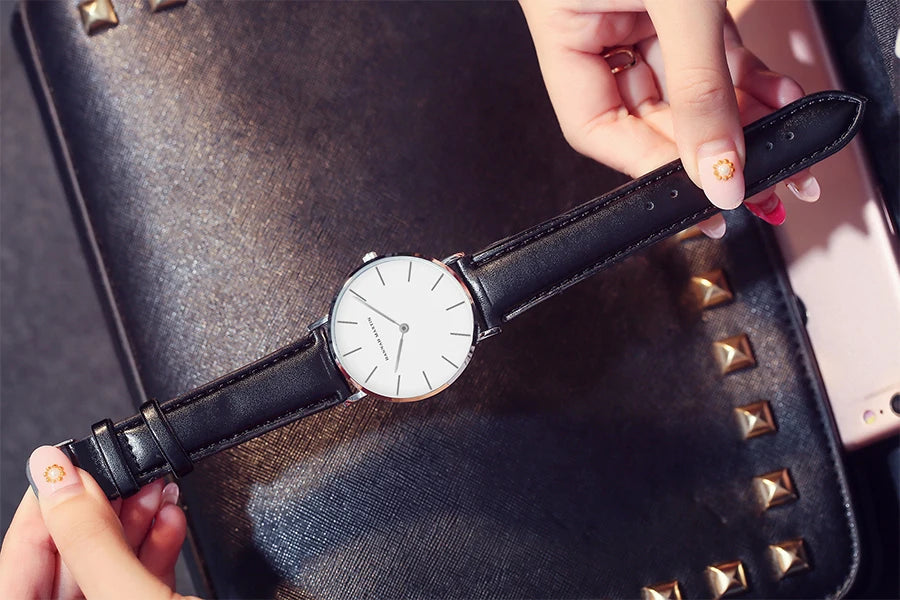 Montre Femme Luxe HANNAH MARTIN Ultra-Fine 36mm Cuir Or Rose – Étanche Élégante Fashion