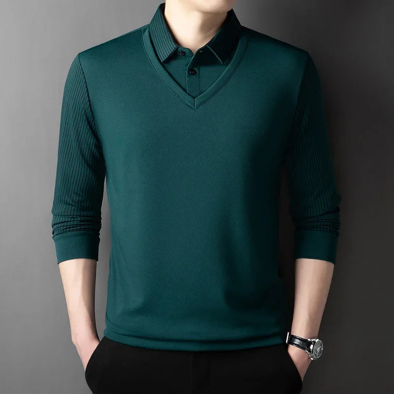 Polo Homme Manches Longues Faux Deux Pièces Couleur Unie – Business Casual Élégant Toutes Saisons Polyvalent | Mode Homme Premium
