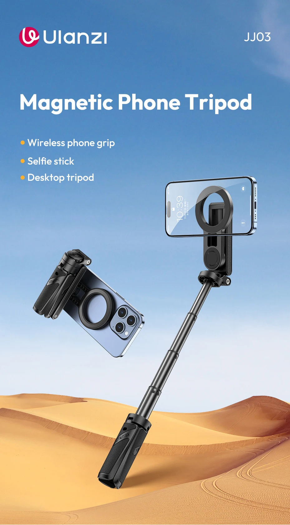 Ulanzi JJ03 Trépied Magnétique Selfie Stick – Grip Téléphone Bureau iPhone 16 15 14 13 Pro