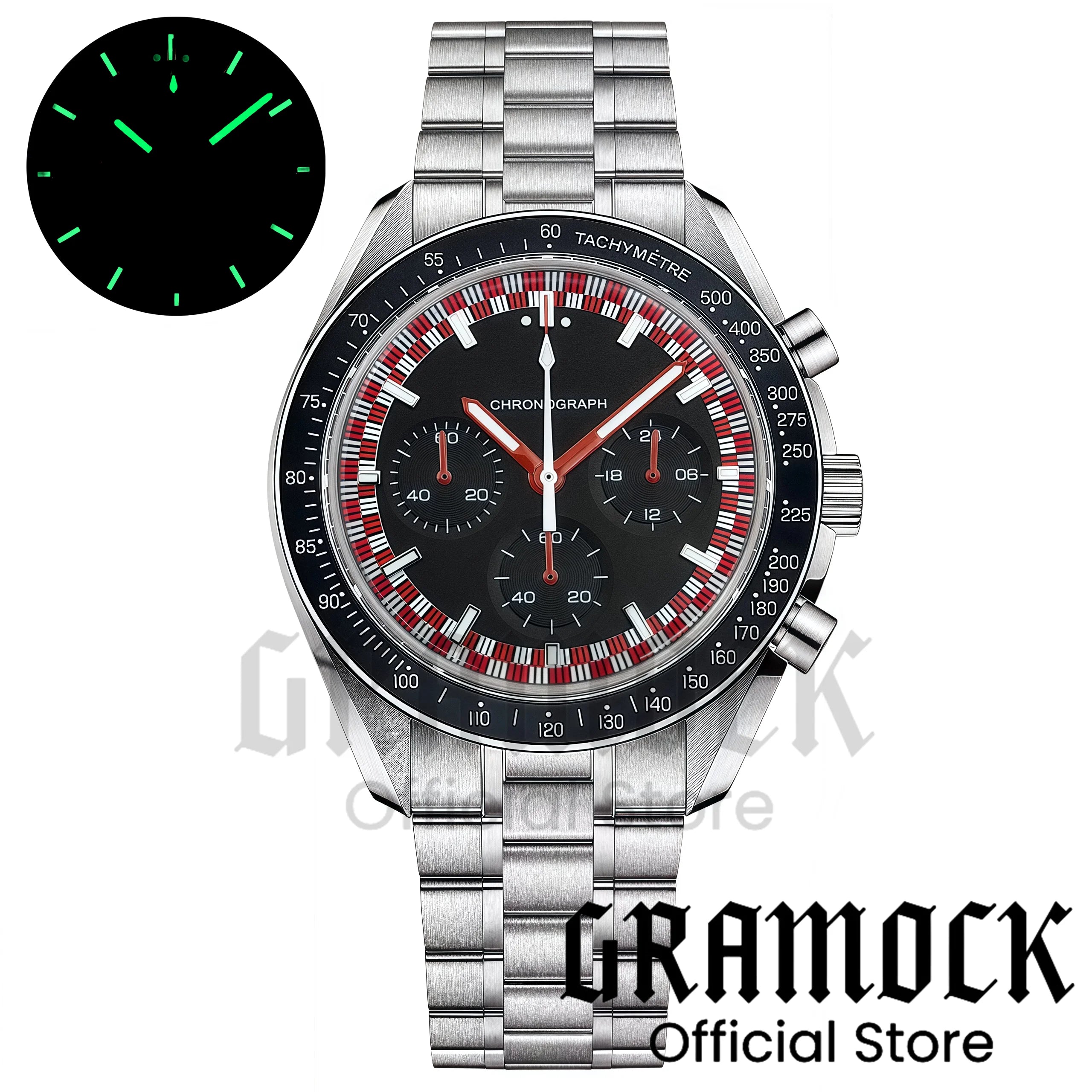 Montre Homme Gramock 40mm Quartz Moon Chronographe – Cadran Lumineux Acier Verre Minéral