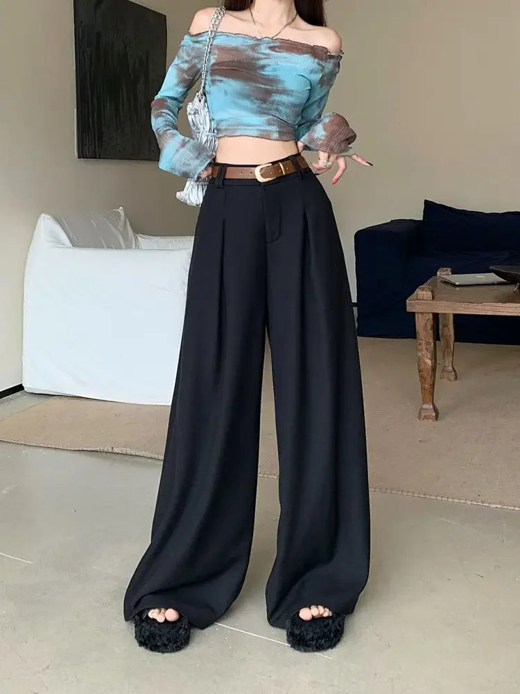 Damenhose Weit Hohe Taille Einfarbig Elegant Minimalistisch Büro-Stil Ulzzang – Casual Chic | Frühling Herbst