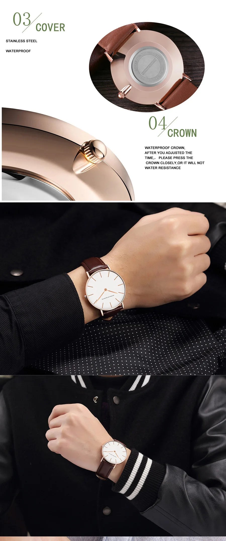 Montre Homme Hannah Martin Quartz Japonais – Bracelet Cuir Marron Argenté Étanche Fashion