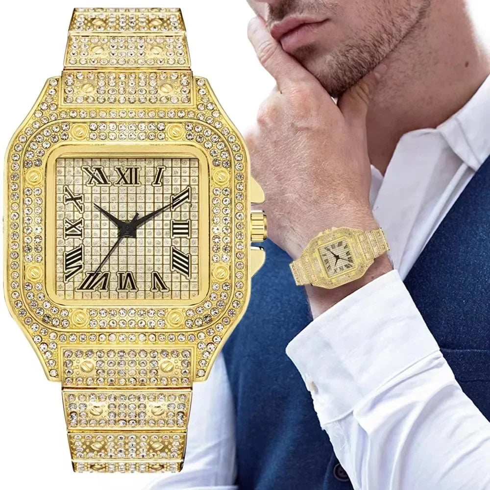 Unisex-Luxus-Diamant-Strassuhr mit goldenem Armband – Fashion Glamour Herren & Damen 2024