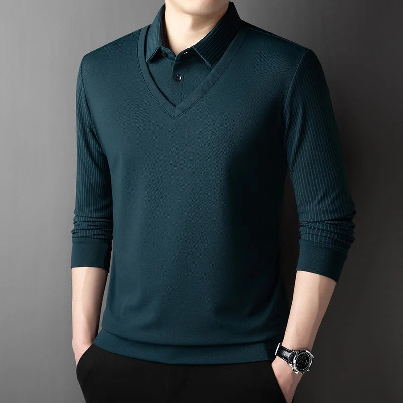 Polo Homme Manches Longues Faux Deux Pièces Couleur Unie – Business Casual Élégant Toutes Saisons Polyvalent | Mode Homme Premium