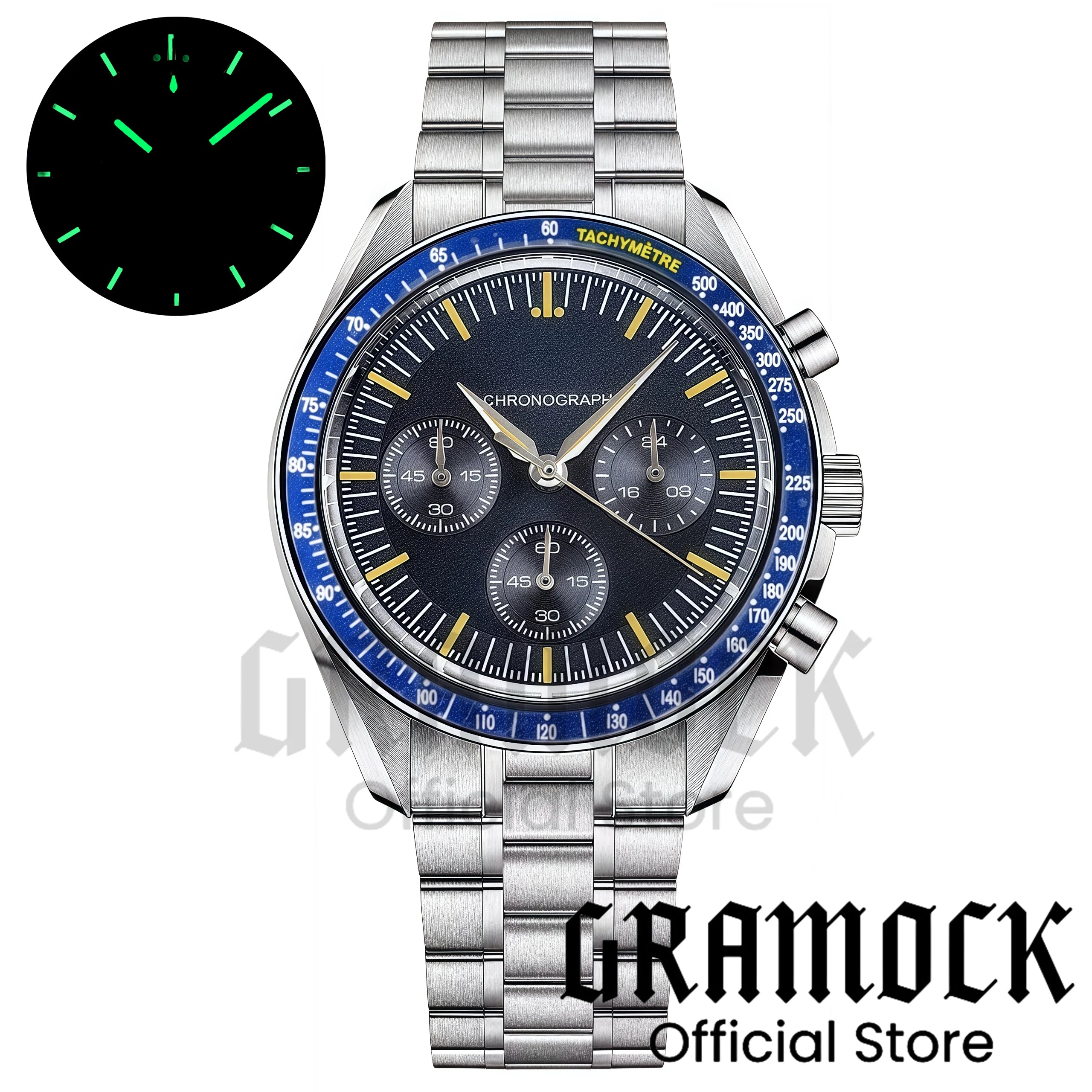 Montre Homme Gramock 40mm Quartz Moon Chronographe – Cadran Lumineux Acier Verre Minéral