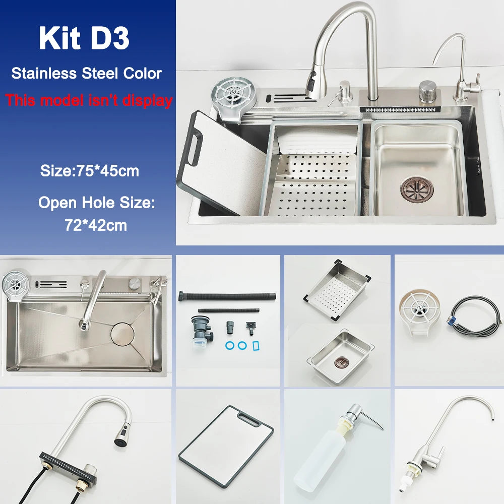 Évier Cuisine Inox 75x45cm Affichage Digital Température – Grand Bac, Robinet Cascade Eau Chaude & Froide | Design Moderne