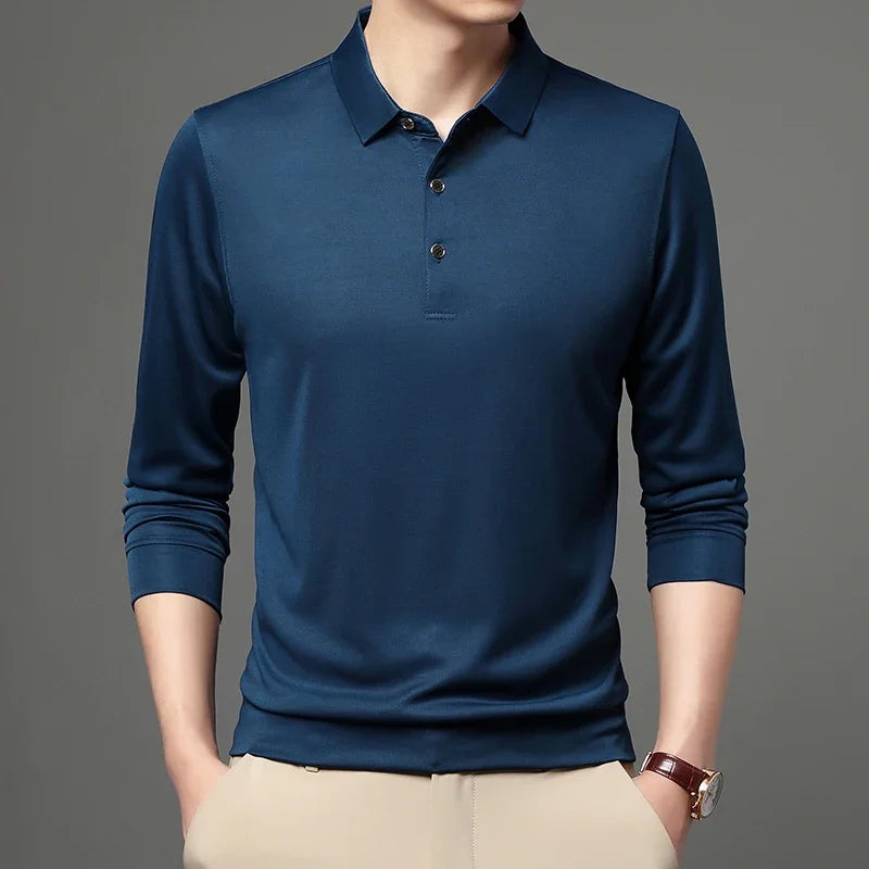Polo Homme Manches Longues Col Polo Couleur Unie – Casual Élégant Printemps Automne | Mode Homme Premium