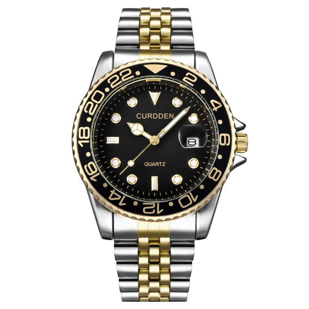 Montre Homme Or & Argent Vintage Quartz – Bracelet Acier Complet Date Fashion Classique