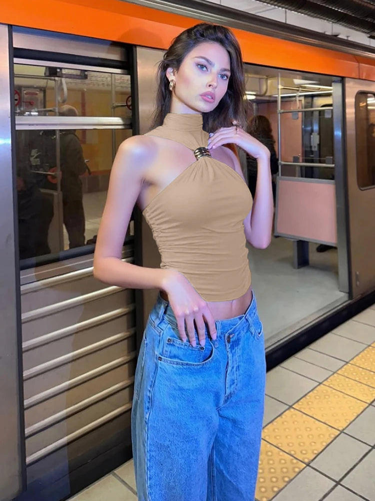 Top Débardeur Femme Nœud Métal Plissé Sans Manches Stretch Slim – Casual Streetwear Polyvalent | Été
