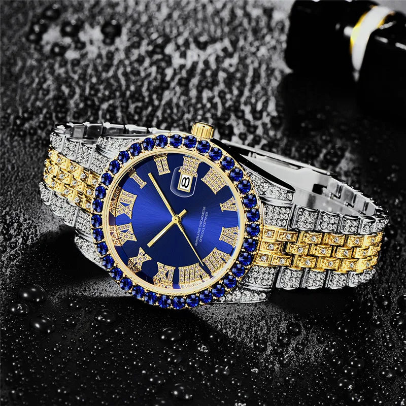 Montre Homme Hip Hop Diamant Fashion Bracelet Alliage Dorée Luxe Date Quartz Tendance Streetwear Bling | Montre Hip Hop Diamant Dorée Premium