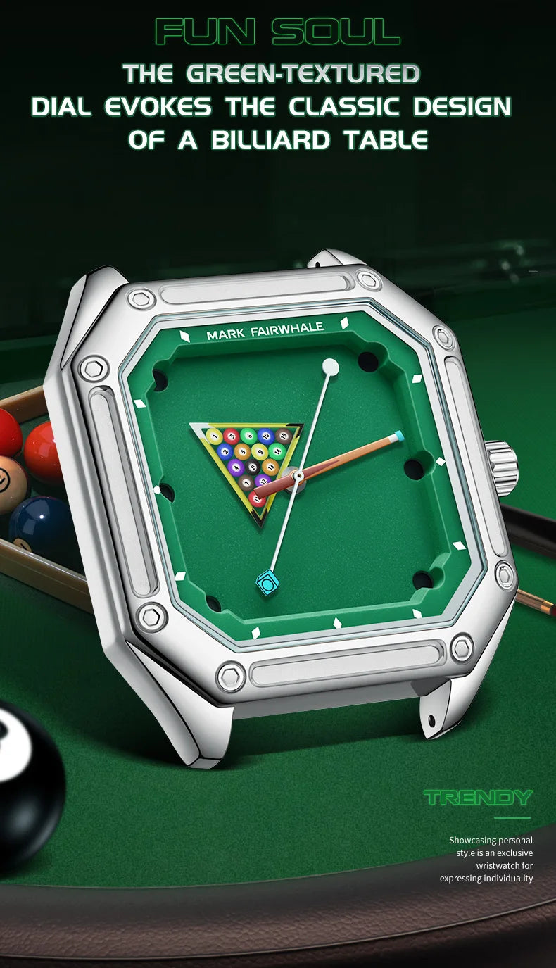 Herrenuhr Mark Fairwhale 5047 Quarz Quadratisch – Leuchtendes Billardzifferblatt Kautschuk Fashion