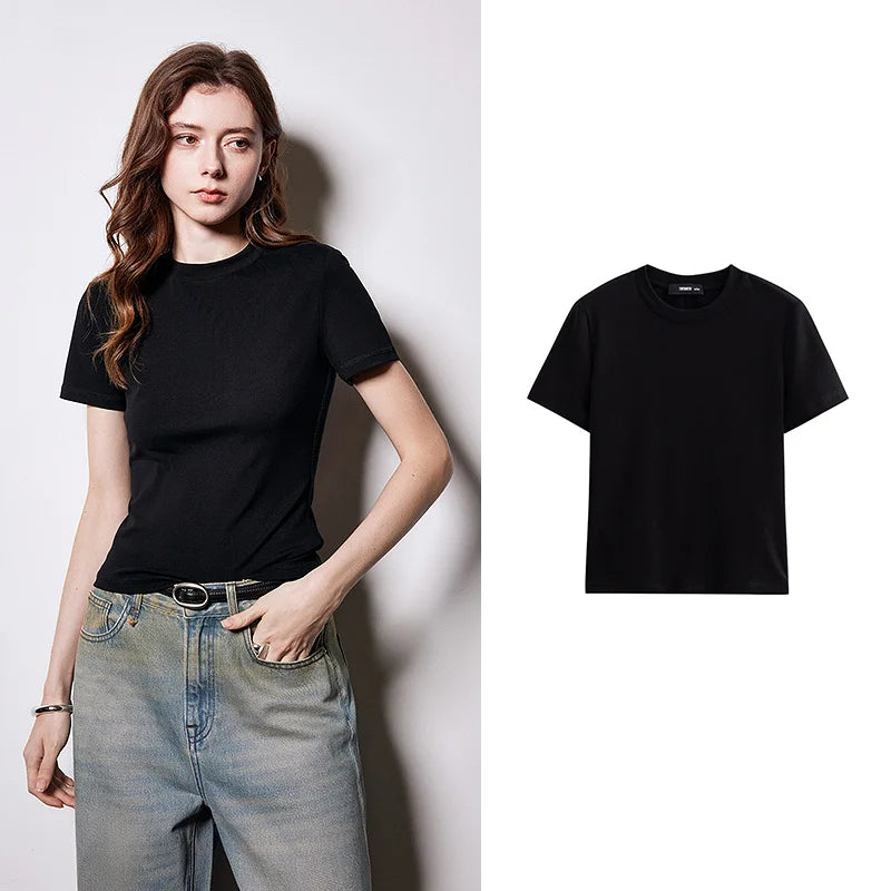 T-Shirt Lyocell Slim Fit Col Rond Manches Courtes Blanc - Basique Premium Polyvalent Printemps | TOYOUTH