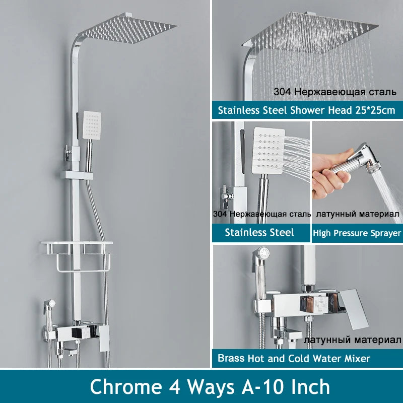 Shinesia Système Douche Pluie Mural – Noir & Chrome, 3 ou 4 Voies, Mitigeur Eau Chaude & Froide | Salle de Bain