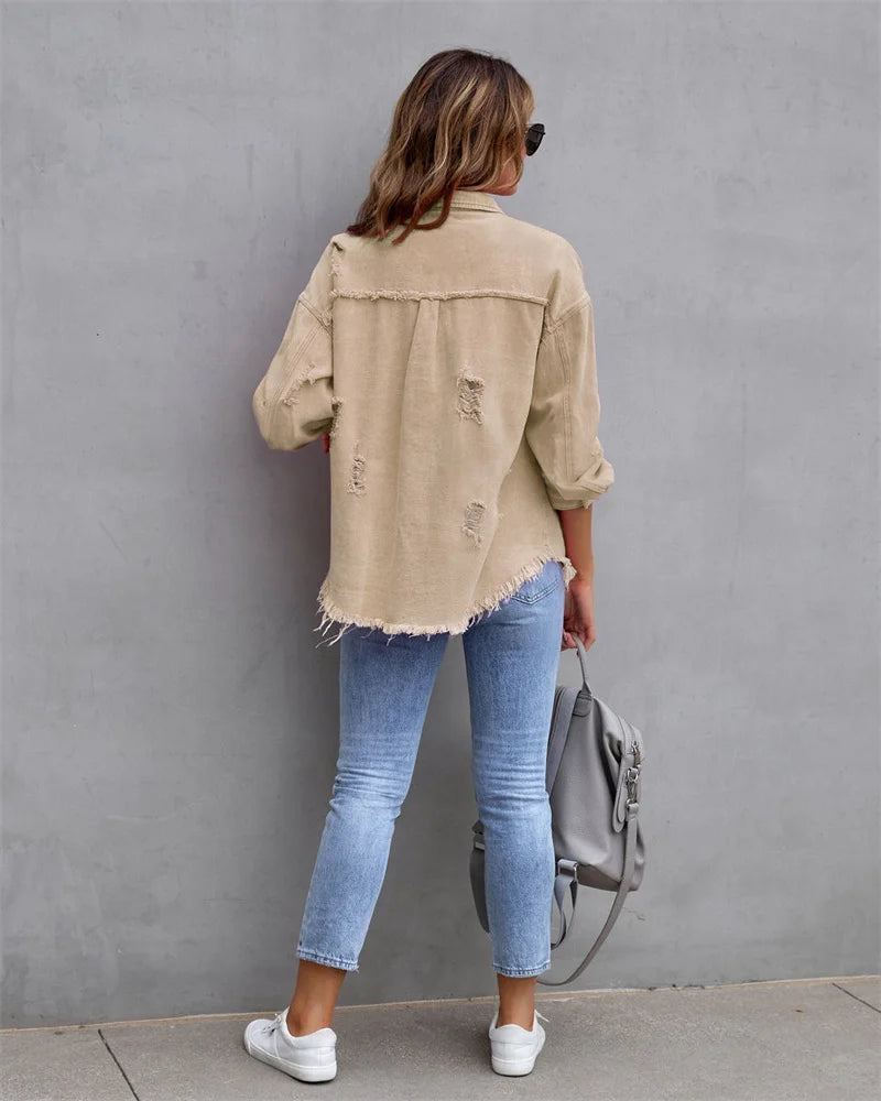Veste en Jean Femme Bords Bruts Troués – Style Chemise Casual | Printemps Automne Tendance 2025