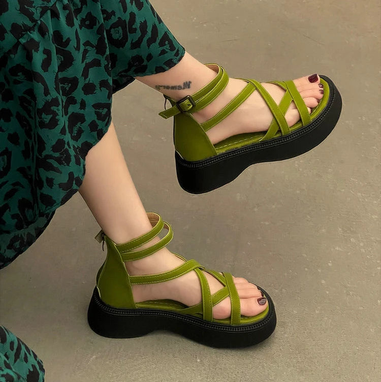 Grüne Römische Sandalen Mittelhoher Absatz Plateau Reißverschluss 2025 – Atmungsaktiv Mode Sommer