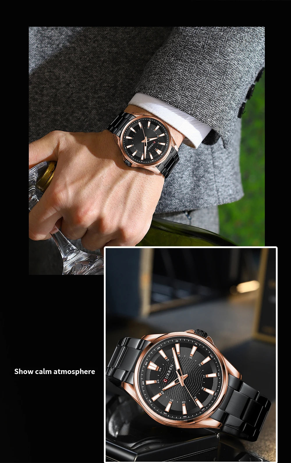 Montre Homme CURREN Business Casual Quartz 44mm – Acier Noir Lumineux Étanche Fashion