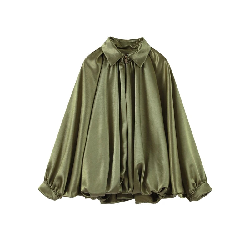 Veste Femme Suède Vert Élégante Manches Bouffantes Revers Fermeture Éclair Ample Plissée – Blouson Court Streetwear Printemps Automne | Mode 2025