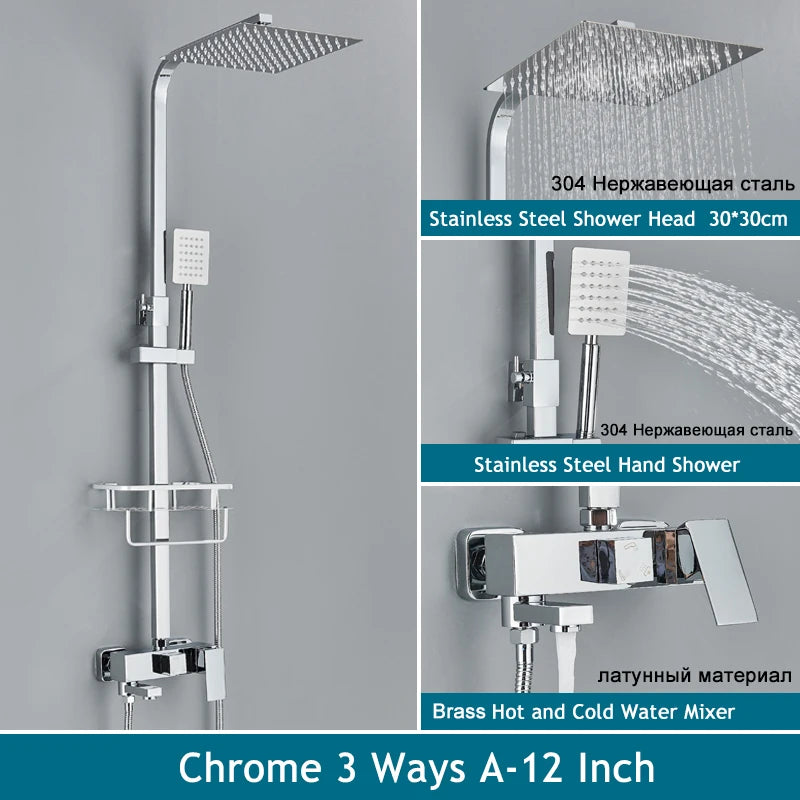 Shinesia Système Douche Pluie Mural – Noir & Chrome, 3 ou 4 Voies, Mitigeur Eau Chaude & Froide | Salle de Bain