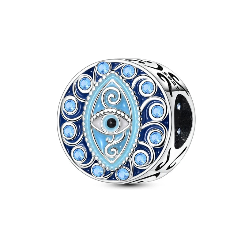 Charm Argent 925 Bleu Rotatif – Œil Démon, Main, Lune & Ciel Étoilé | Perle Pendentif Bracelet Femme | Bijou Spirituel & Mystique