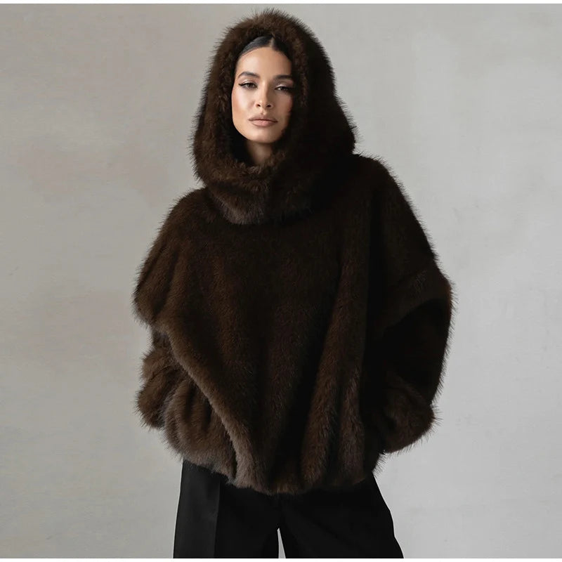 Manteau Fourrure Synthétique à Capuche Femme – Pull Oversize Chaud Marron | Mode Streetwear Automne Hiver