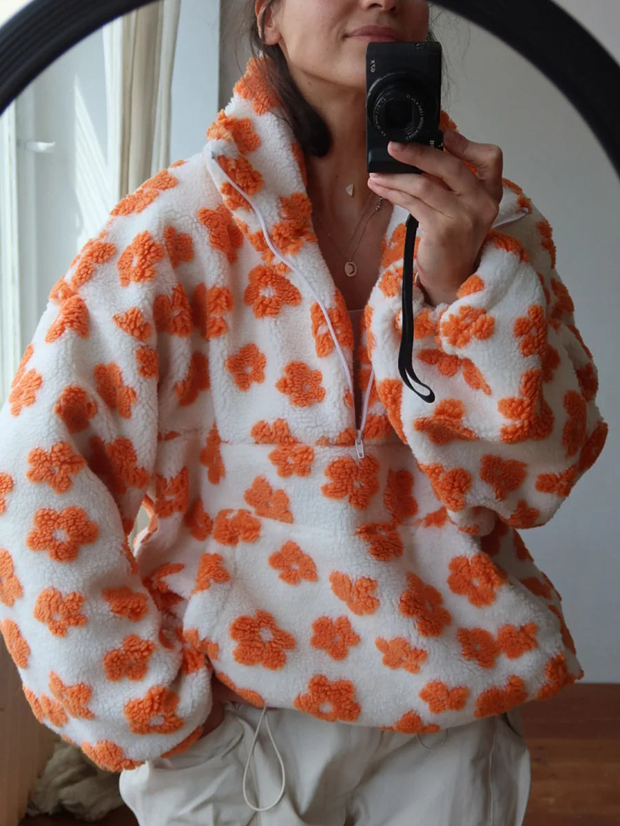 Sweat Femme Sherpa Floral Demi-Zip Ample Chaud – Pull Douillet & Tendance | Automne Hiver