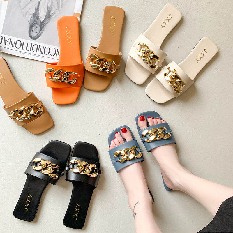 Mules Chaîne Bout Carré Femme 2025 – Sandales Plates Slide Décoration Métal Plage Casual