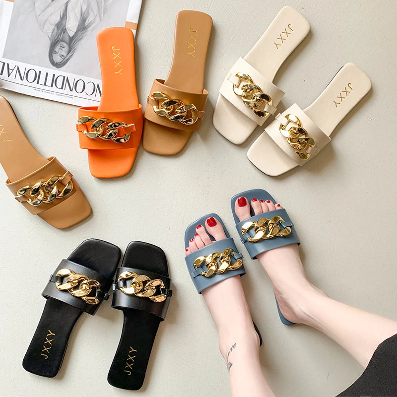 Mules Chaîne Bout Carré Femme 2025 – Sandales Plates Slide Décoration Métal Plage Casual