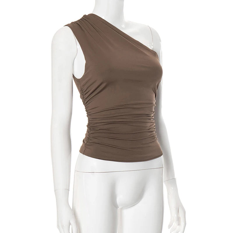 Top Une Épaule Dos Nu Femme – Couleur Bonbon Ajusté Sans Manches | Sexy Casual Été
