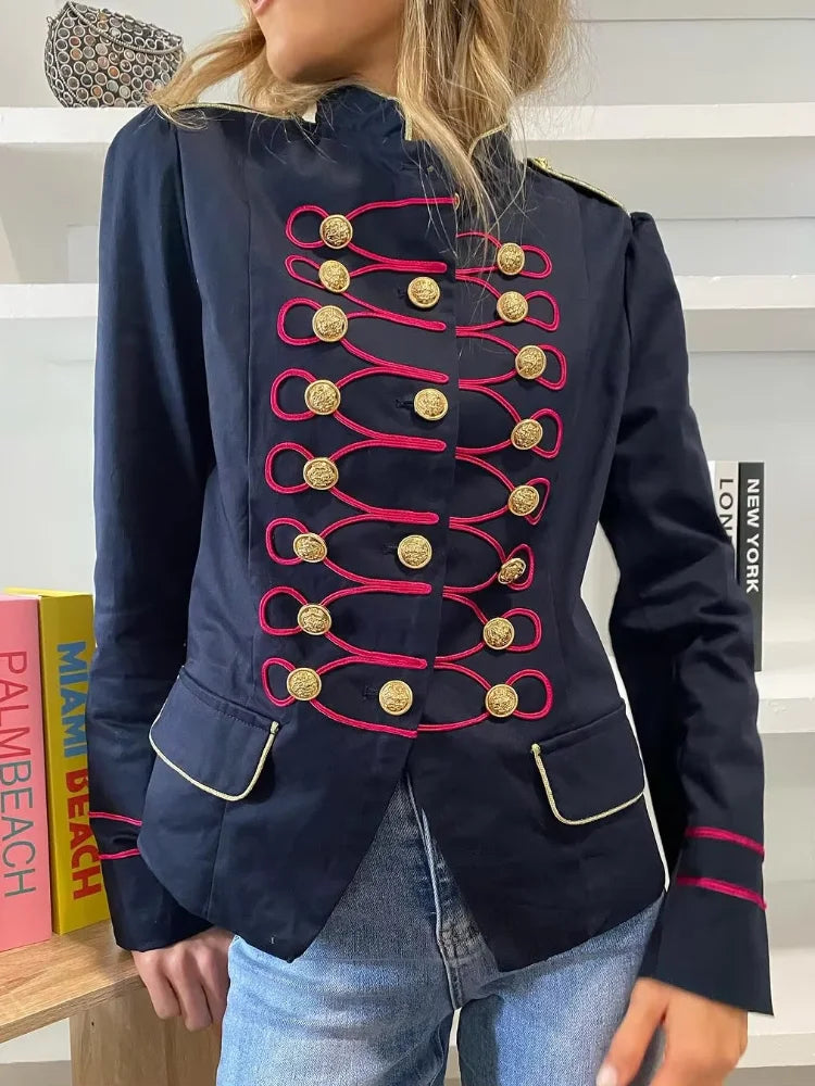 Veste Courte Femme Style Militaire Napoléon Vert Kaki Col Droit Boutonnage Simple – Chic Rétro High Street