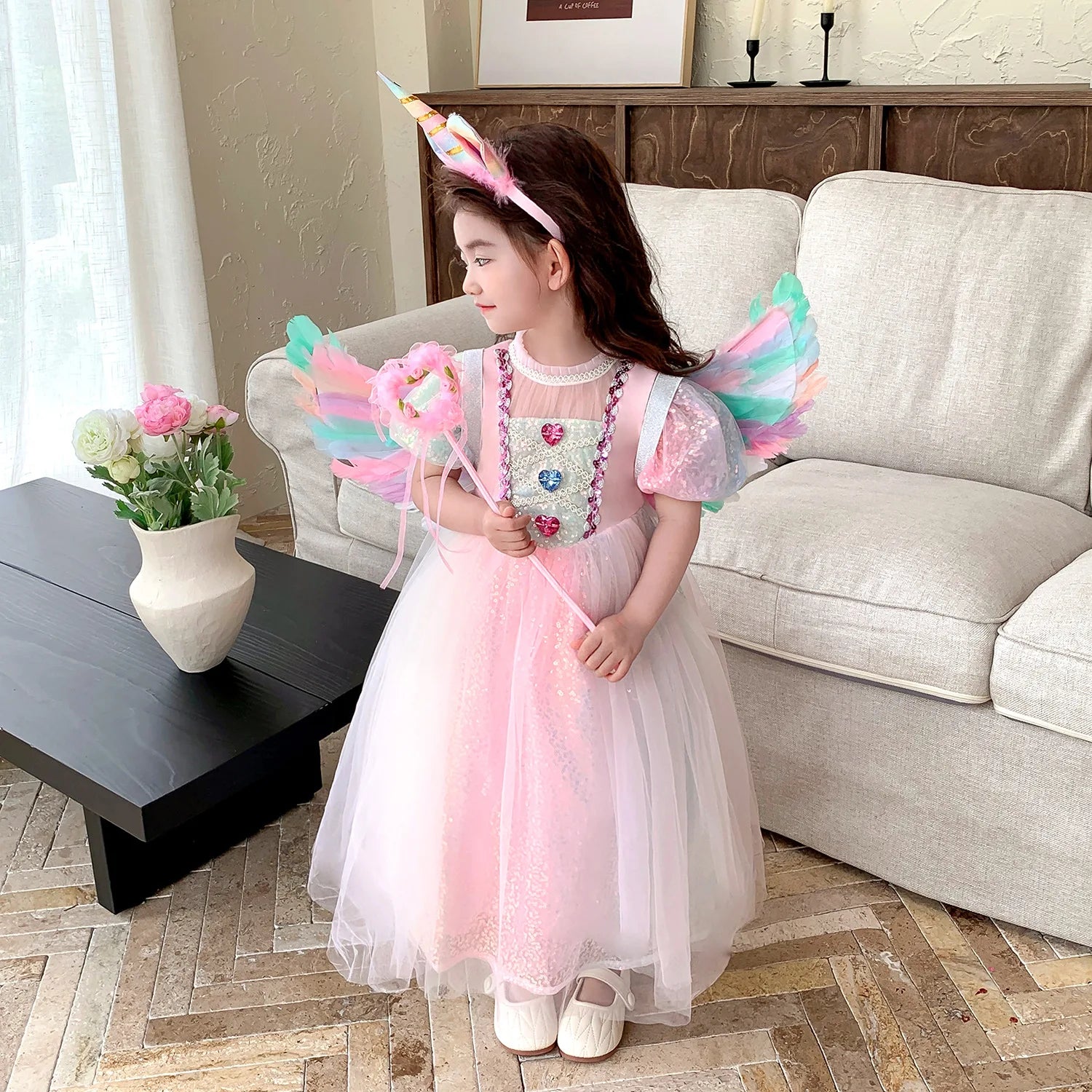 Meerjungfrau Prinzessin Kleid Mädchen Pailletten Perlen Puffärmel – Faschingskostüm Halloween Cosplay