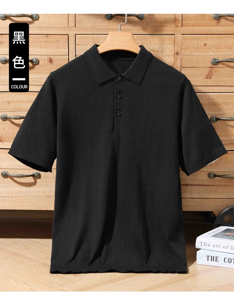 Pull Polo Homme 100% Laine Mérinos – Col Lapierre Manches Courtes Tricoté Loose Été Grande Taille