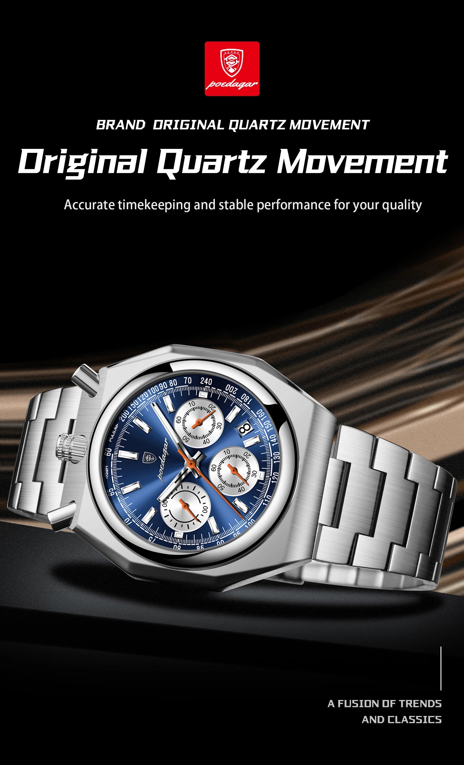 Montre Homme Luxe POEDAGAR Chronographe Militaire Acier Inoxydable Lumineux Étanche + Boîte