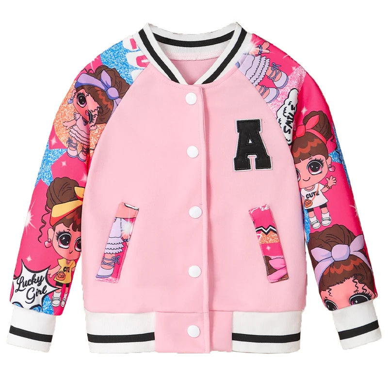 Veste Baseball Fille Imprimé Poupée Cartoon Lettre A – Blouson Casual Printemps Automne Enfant